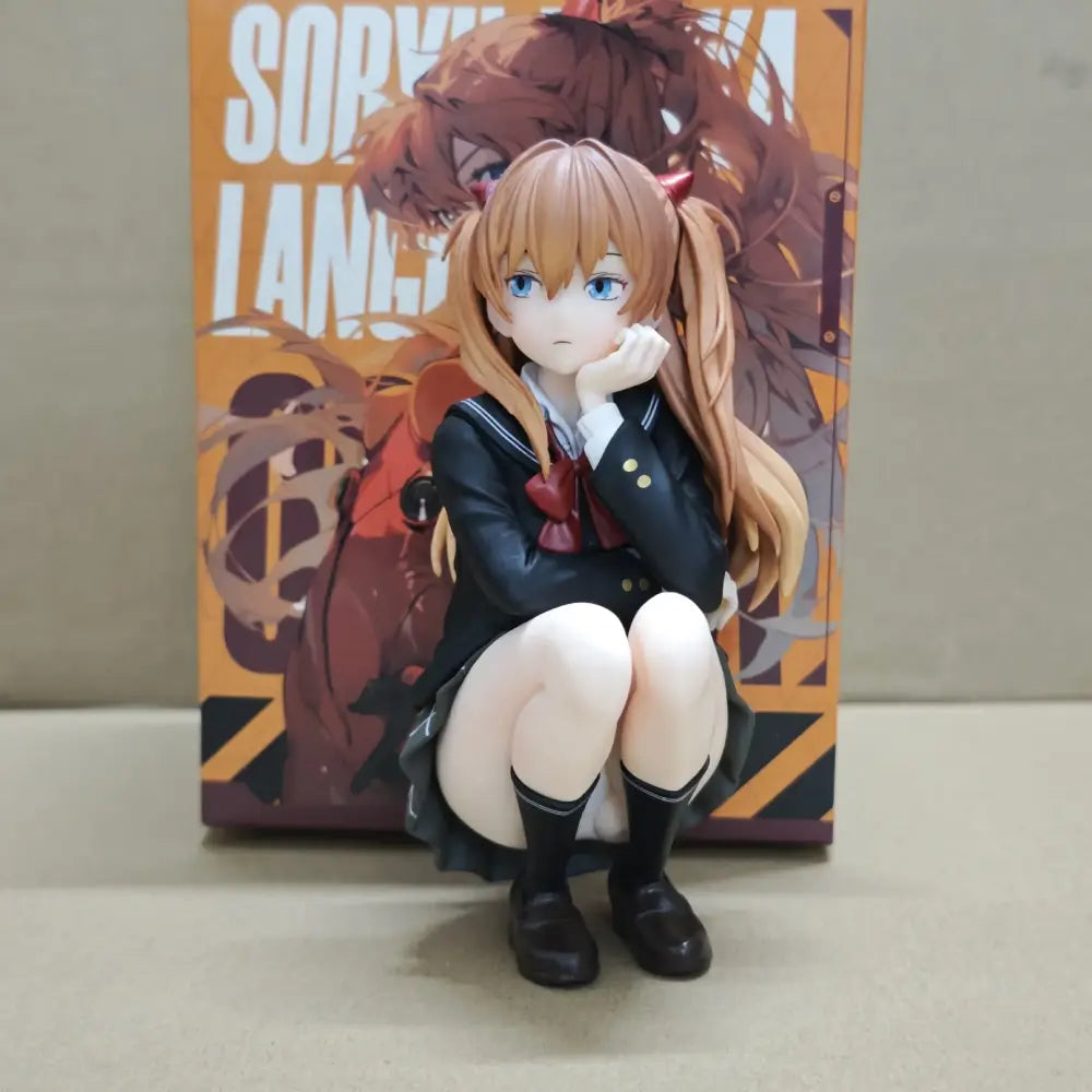 Detailed evangelion asuka langley soryu pvc figure with long orange hair blue eyes black uniform and red accents 15cm boxed
