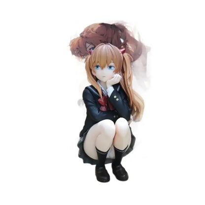 Detailed resin pvc statue of asuka langley soryu with long orange hair in black school uniform jacket and red bow tie