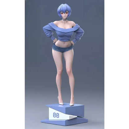 Blue-haired asuka langley soryu pvc statue wearing off-the-shoulder blue top and denim shorts on tiered base with 00 markings