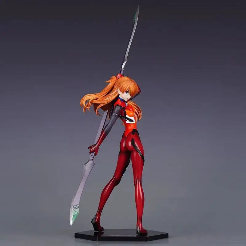 Evangelion asuka langley soryu pvc statue in red and black battle dress holding a silver sword with long orange hair