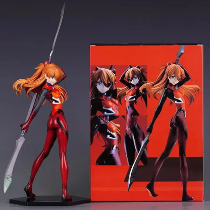 Evangelion asuka langley soryu pvc statue in red and black battle dress holding a sword with long orange hair
