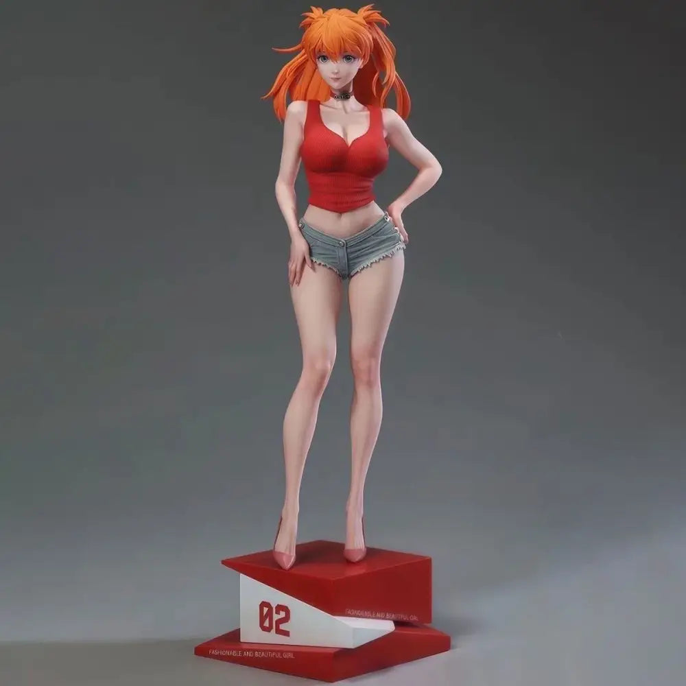 Evangelion asuka langley soryu pvc statue featuring orange-haired asuka langley in red top and denim shorts on red white base