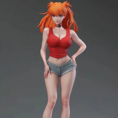 Evangelion asuka langley soryu pvc statue featuring orange-haired figurine in red crop top and denim shorts