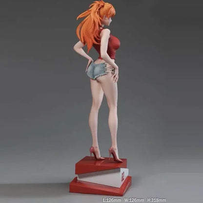 Orange-haired asuka langley soryu pvc statue in red top and denim shorts standing on a red and white base