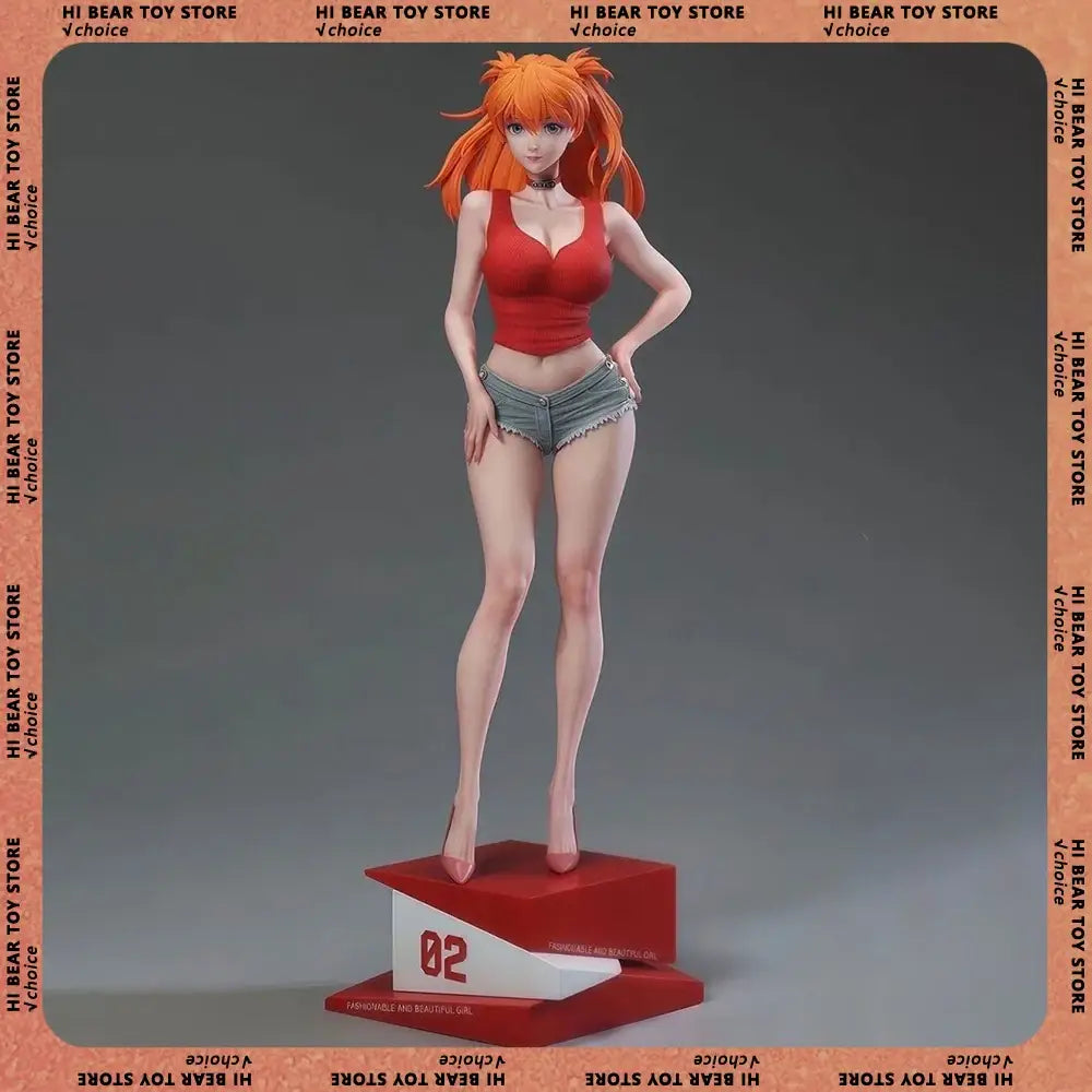 Evangelion asuka langley soryu pvc statue featuring orange-haired asuka langley in red top and denim shorts on red base number 02
