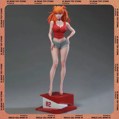 Evangelion asuka langley soryu pvc statue featuring orange-haired asuka langley in red top and denim shorts on red base number 02