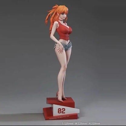 Orange-haired asuka langley soryu pvc statue wearing red top and denim shorts standing on a red and white base