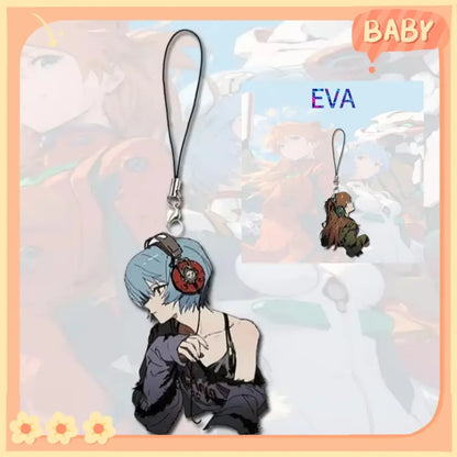 Blue-haired asuka phone chain charm with headphones made of acrylic and metal for cute school bag use