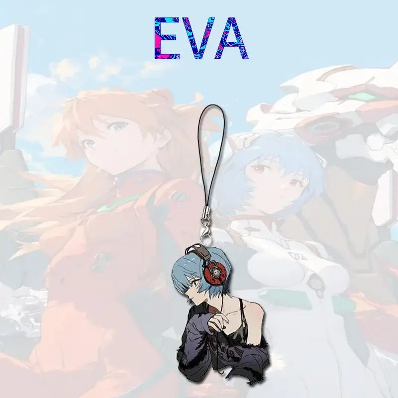 Blue-haired anime character charm asuka phone chain with red headphones black outfit attached to black cord for cute school bag