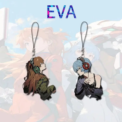 Two anime-style asuka phone chain keychains with brown and blue hair wearing headphones made of detailed acrylic for cute school bag use