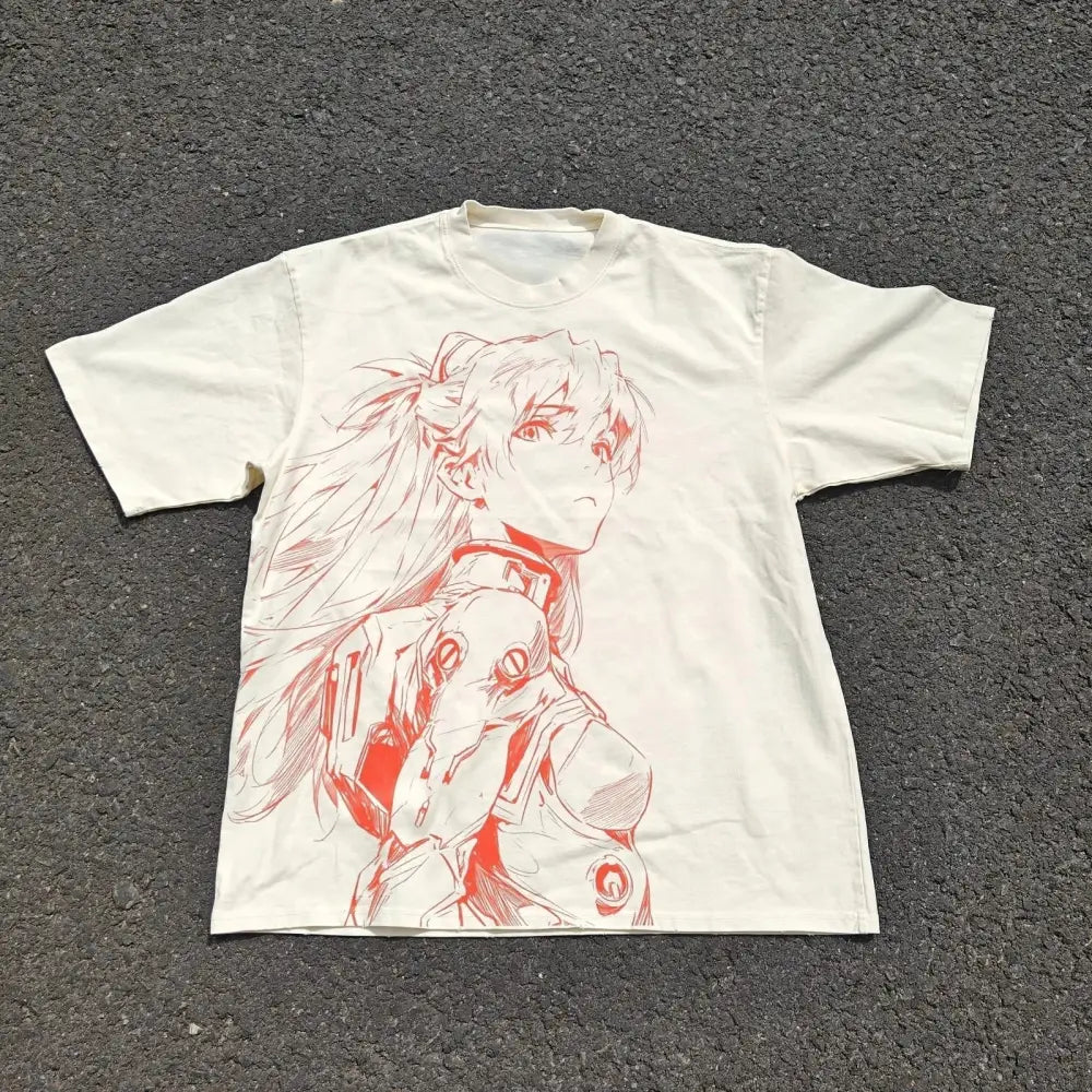 Cream-colored heavyweight cotton t-shirt with vintage wash and red line-art of Evangelion Asuka in mechanical suit