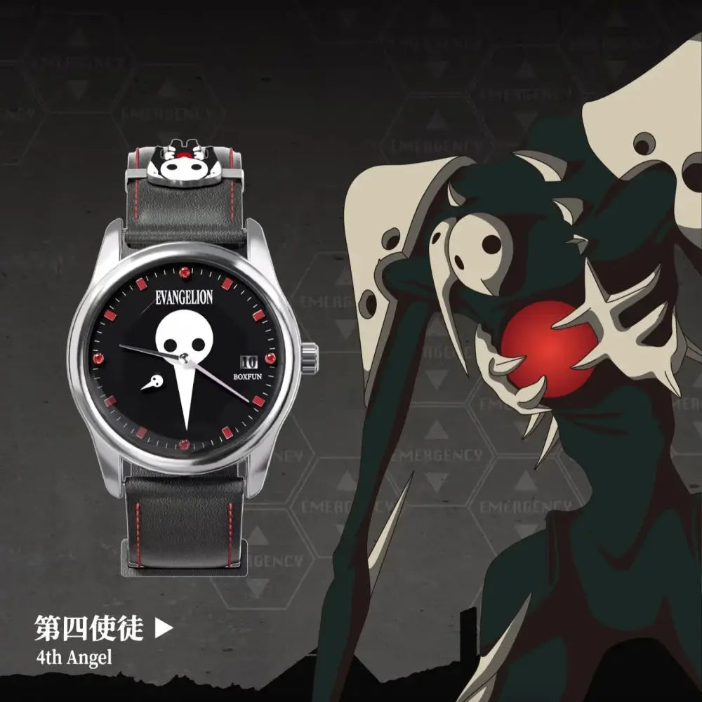 Evangelion asuka wrist watch blind box with black dial, silver case, red accents, skull design, and leather strap with red stitching
