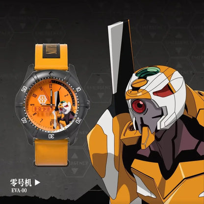 Orange and black eva-00 themed wrist watch with yellow strap from the Evangelion Asuka watch blind box series by Boxfun