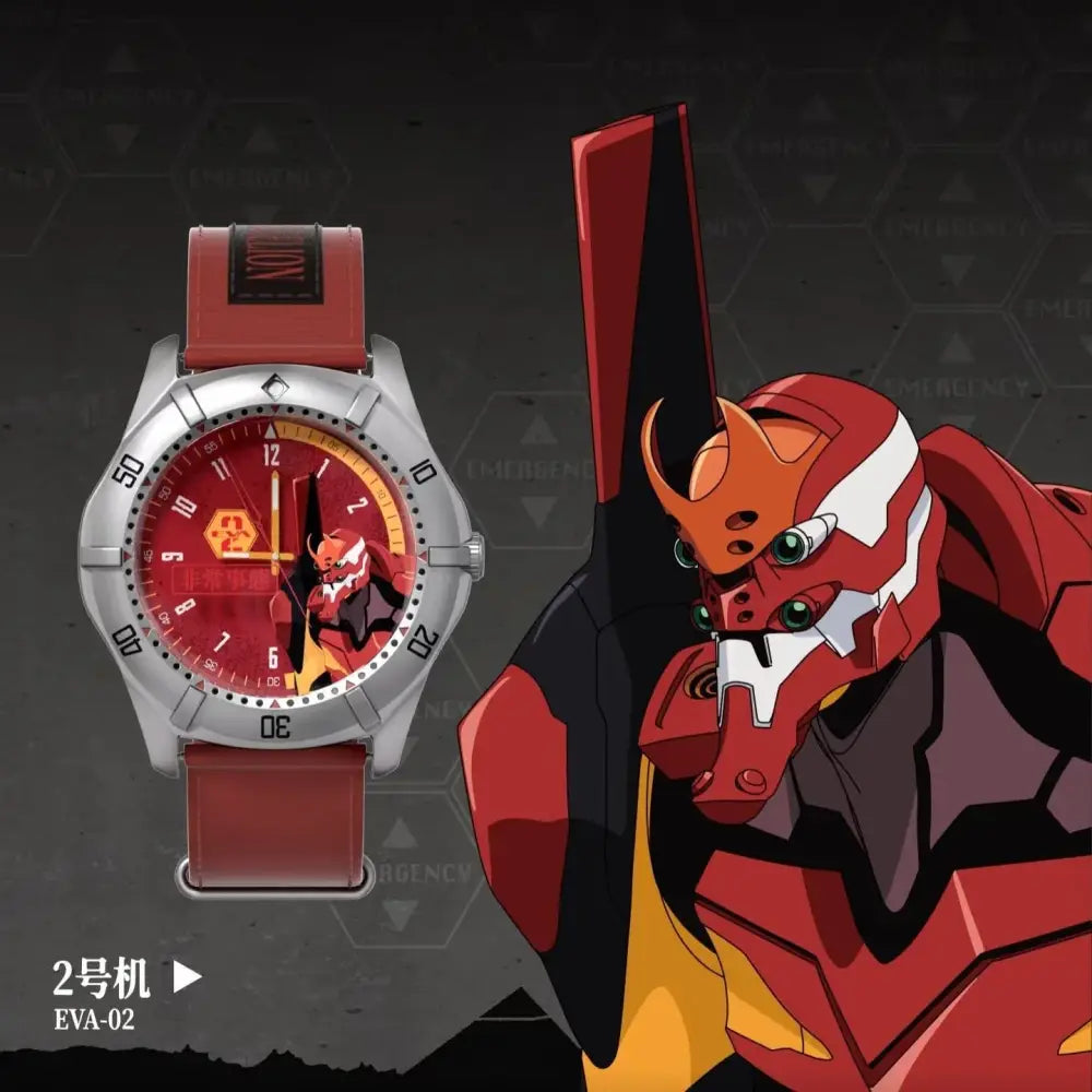 Silver wrist watch with red and orange eva-02 face and matching red strap from evangelion asuka watch blind box series