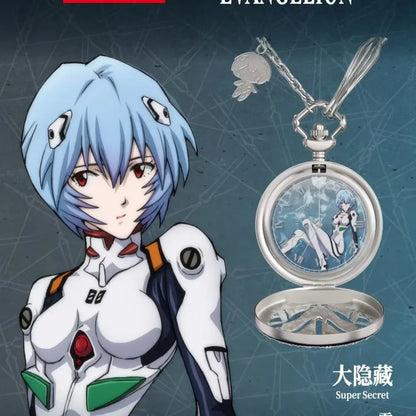 Silver evangelion asuka wrist watch blind box featuring pocket watch design with character illustration and charm pendant