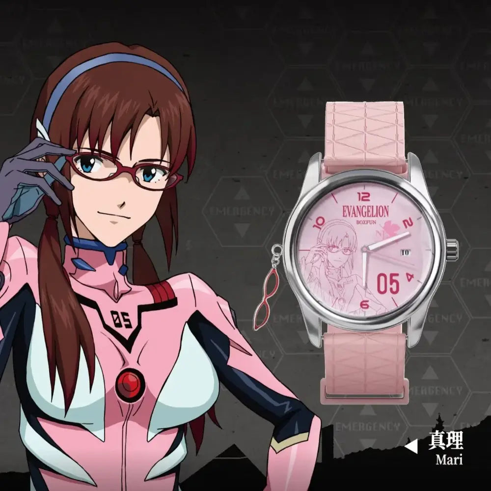 Pink silicone strap wrist watch blind box with silver case and evangelion asuka illustration on pink dial