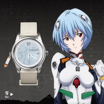 Silver wrist watch blind box with cream textured strap and rei illustration dial from evangelion asuka series