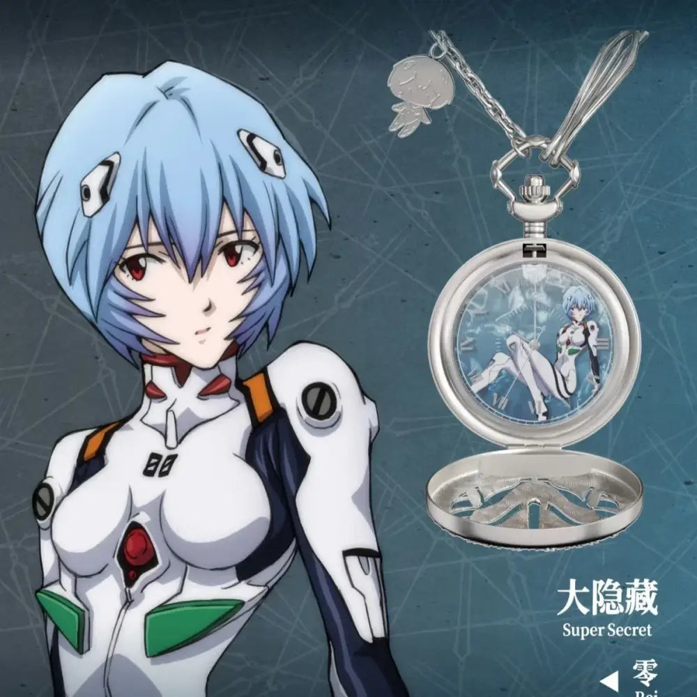 Silver pocket watch featuring asuka langley soryu illustration with charm from evangelion wrist watch blind box