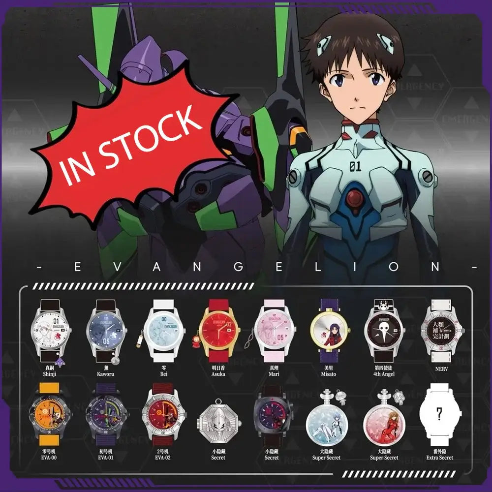 A collection of evangelion asuka wrist blind box watches featuring red blue pink black white orange silver and gold designs