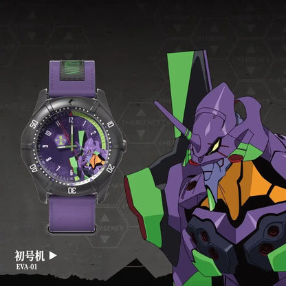 Purple and green eva-01 evangelion asuka wrist watch with dark face metallic case and matching strap blind box collectible