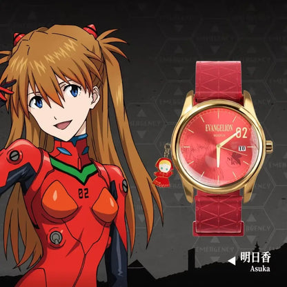 Gold-toned evangelion asuka wrist watch with red dial featuring character illustration and matching textured strap blind box collectible