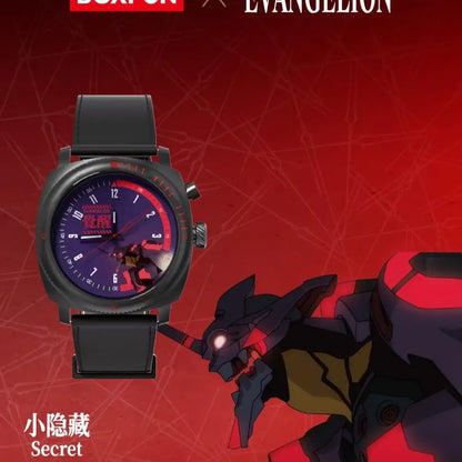 Black wrist watch with purple and red dial featuring evangelion asuka illustration and black rubber strap blind box collectible