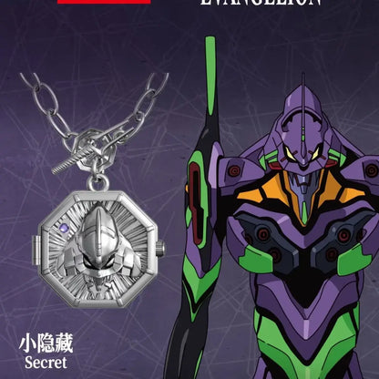 Silver octagonal evangelion asuka wrist watch with detailed unit face and purple gemstone accent in blind box collectible