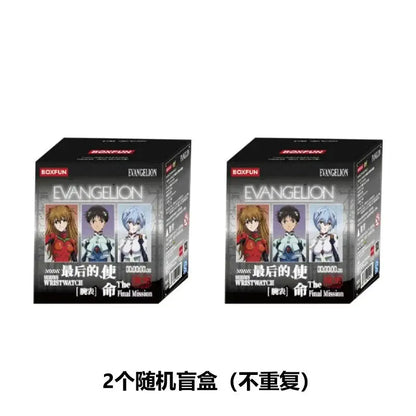 Black rectangular blind box featuring evangelion asuka wrist watch collectible with anime artwork and random design