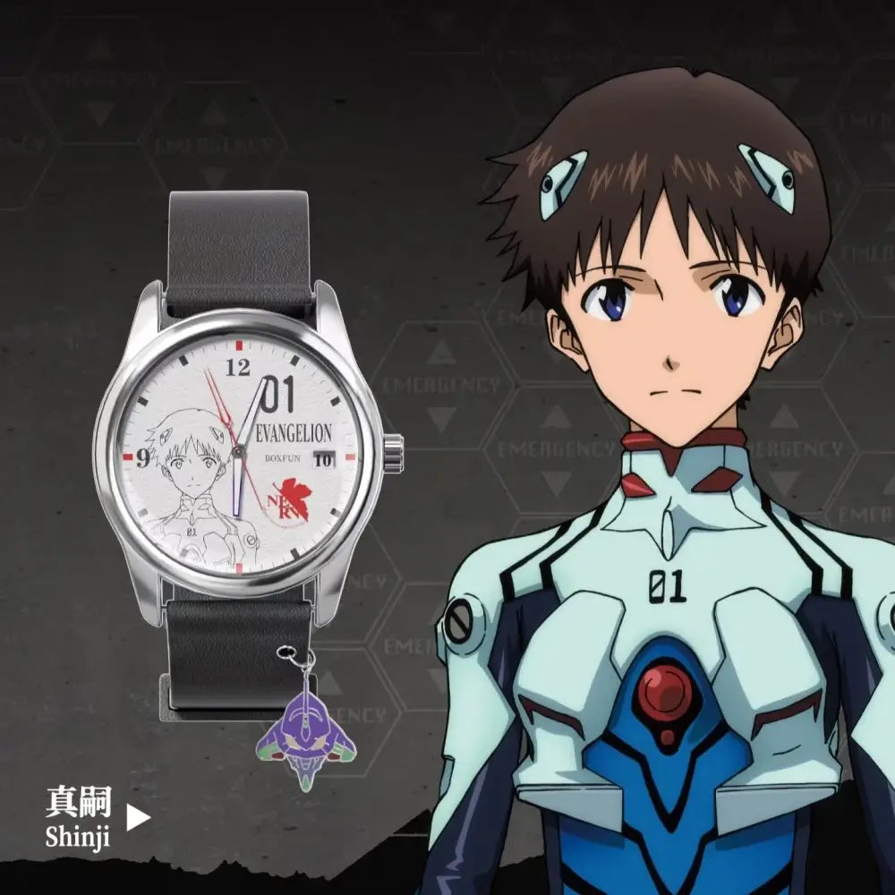 Silver evangelion asuka wrist watch with black strap white dial anime illustration red accents and purple aircraft charm blind box collectible