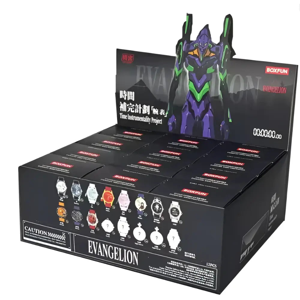 Black display box featuring a purple and green evangelion asuka wrist figure with multiple asuka wrist watch models on front panel