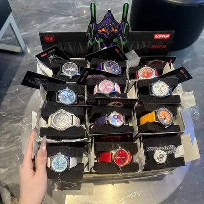 A collection of colorful anime-themed evangelion asuka wrist blind box watches displayed with a purple evangelion figure