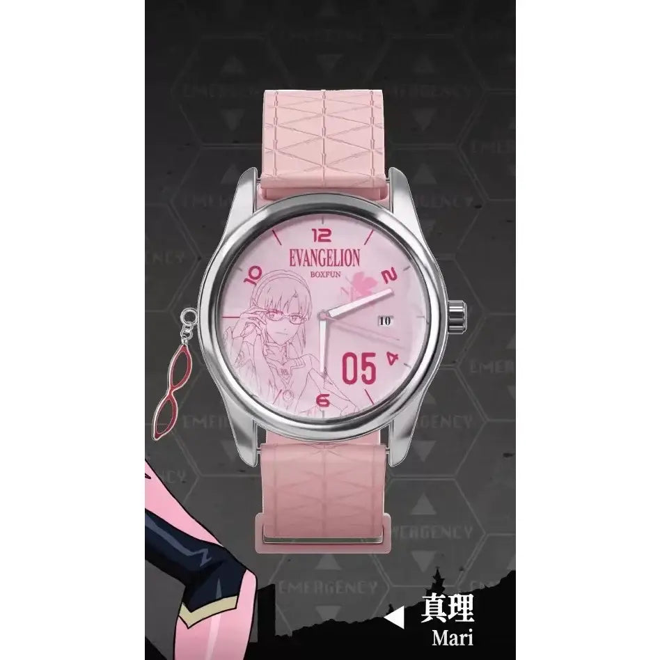 Pink silicone strap evangelion asuka wrist watch with silver case and mari illustration blind box edition