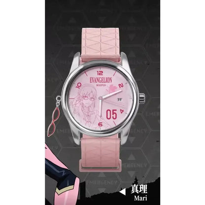 Pink silicone strap evangelion asuka wrist watch with silver case and mari illustration blind box edition