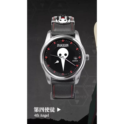 Evangelion Asuka wrist watch blind box edition with black leather strap silver case and skull design on black dial