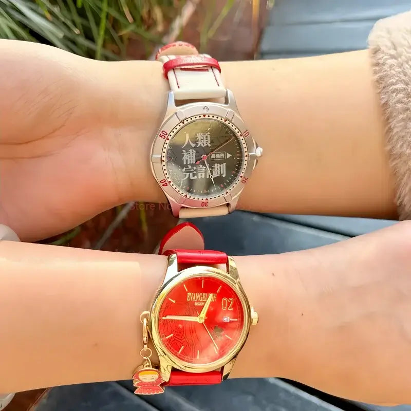 Red leather strap evangelion asuka wrist watch with gold-tone case red dial and character charm blind box edition