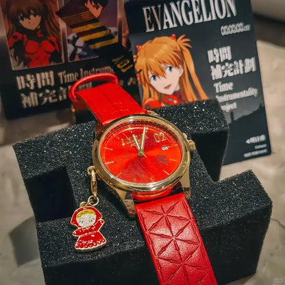 Vibrant red leather strap evangelion asuka wrist watch with gold-tone case and engraved character charm blind box edition