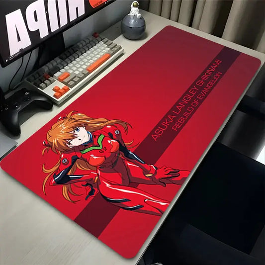 Red rectangular mouse pad featuring asuka langley soryu in plugsuit with text for evangelion desk mat