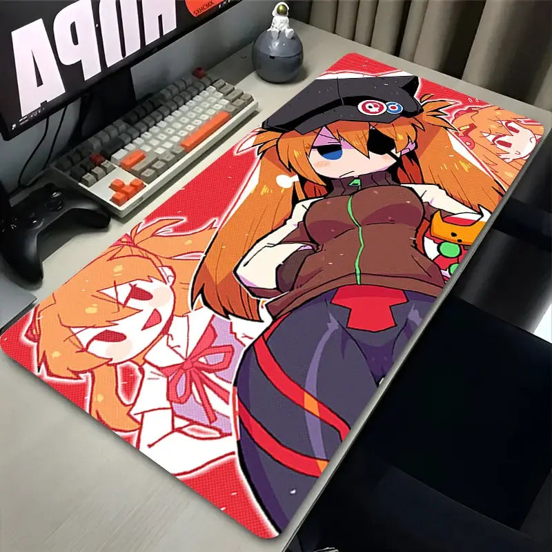 Vibrant red and orange evangelion asuka xxl anime mouse pad featuring detailed characters with one wearing a black beret desk mat