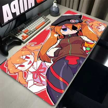 Vibrant red and orange evangelion asuka xxl anime mouse pad featuring detailed characters with one wearing a black beret desk mat