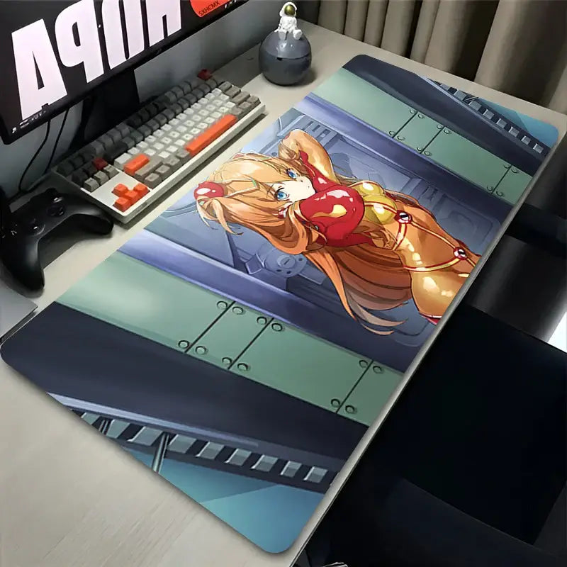 Evangelion Asuka XXL mouse pad with glossy finish featuring an anime character on metallic platforms desk mat