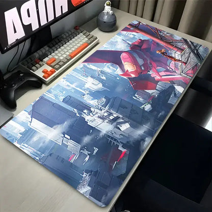 Evangelion asuka xxl mouse pad large desk mat with detailed red and blue anime mechs in futuristic cityscape design