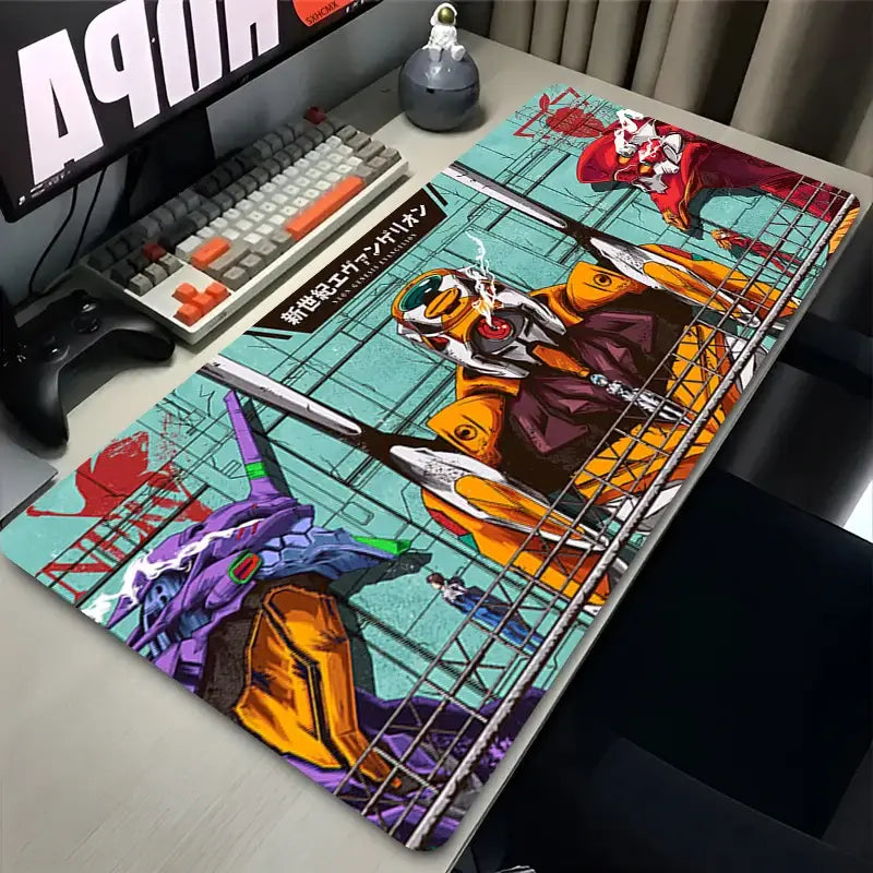 Evangelion asuka xxl mouse pad featuring vibrant anime mecha designs in orange and purple on a teal desk mat