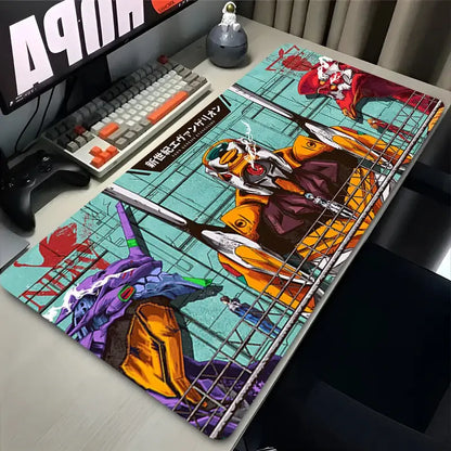 Evangelion asuka xxl mouse pad featuring vibrant anime mecha designs in orange and purple on a teal desk mat