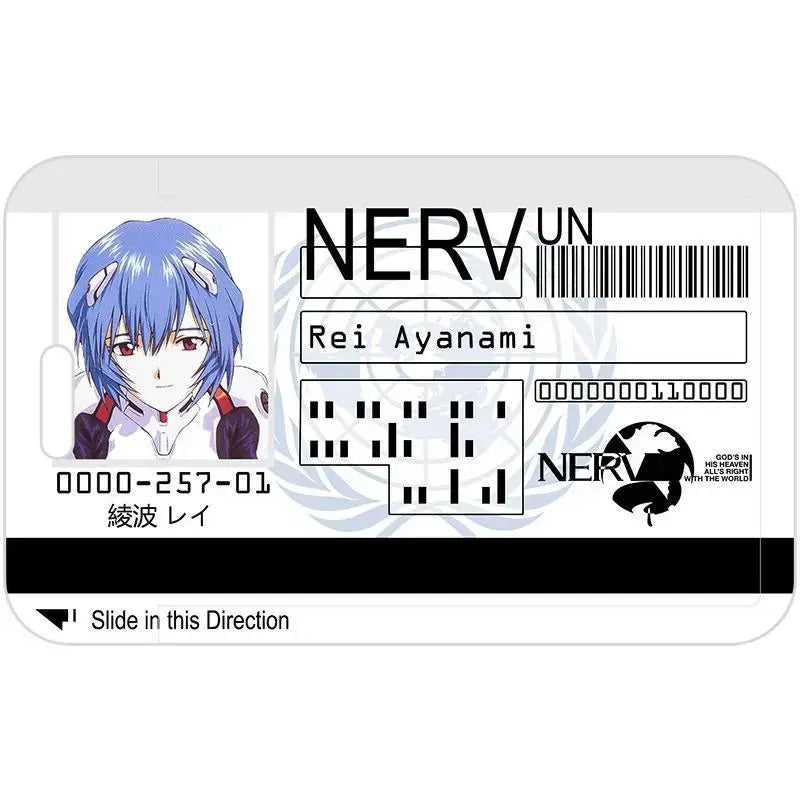 White plastic card holder featuring an anime illustration of evangelion ayanami rei with blue hair and red eyes