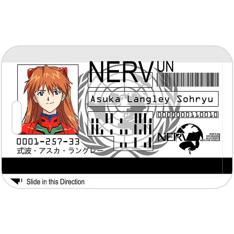 White plastic card holder featuring asuka langley sohryu in nerv uniform with barcode and logos for evangelion ayanami rei