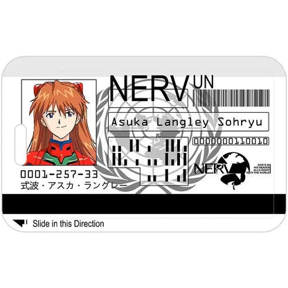 White plastic card holder featuring asuka langley sohryu in nerv uniform with barcode and logos for evangelion ayanami rei
