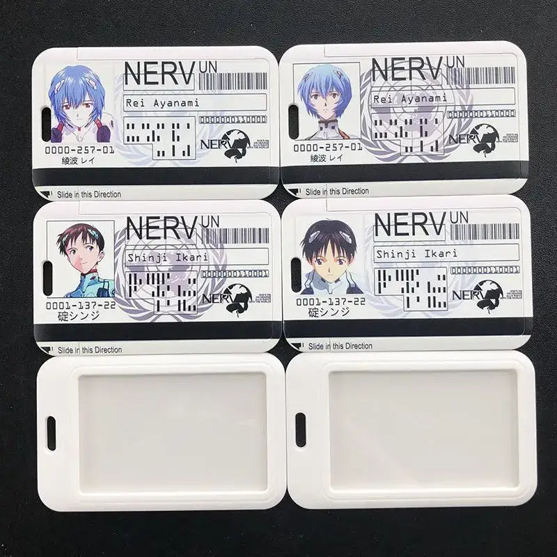White plastic card holder with evangelion ayanami rei anime portraits and nerv un branding on lanyard badge id