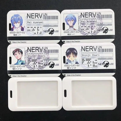 White plastic card holder with evangelion ayanami rei anime portraits and nerv un branding on lanyard badge id