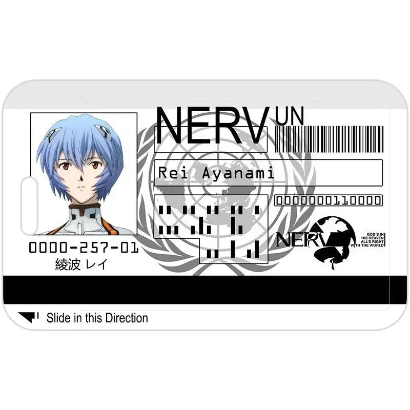 White plastic evangelion ayanami rei card holder featuring a blue hair portrait with barcode and black text