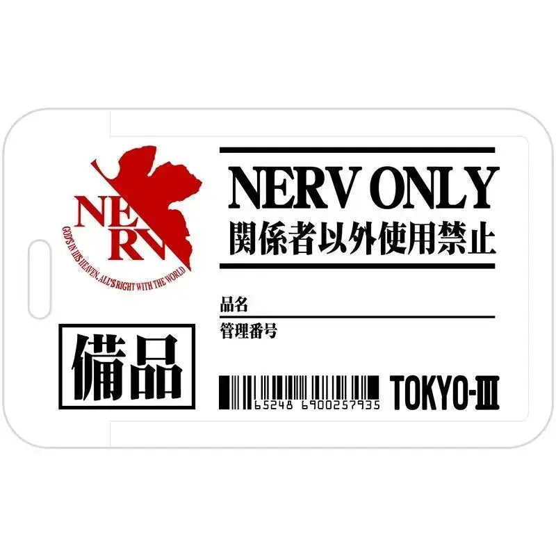 White plastic luggage tag with red nerv logo and japanese text on the back of evangelion ayanami rei card holder